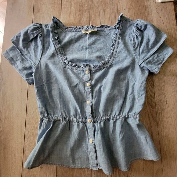 Madewell Womens Blue Short Sleeve Button-Down Peplum Top S Cotton Blend Denim Ru - Picture 1 of 15